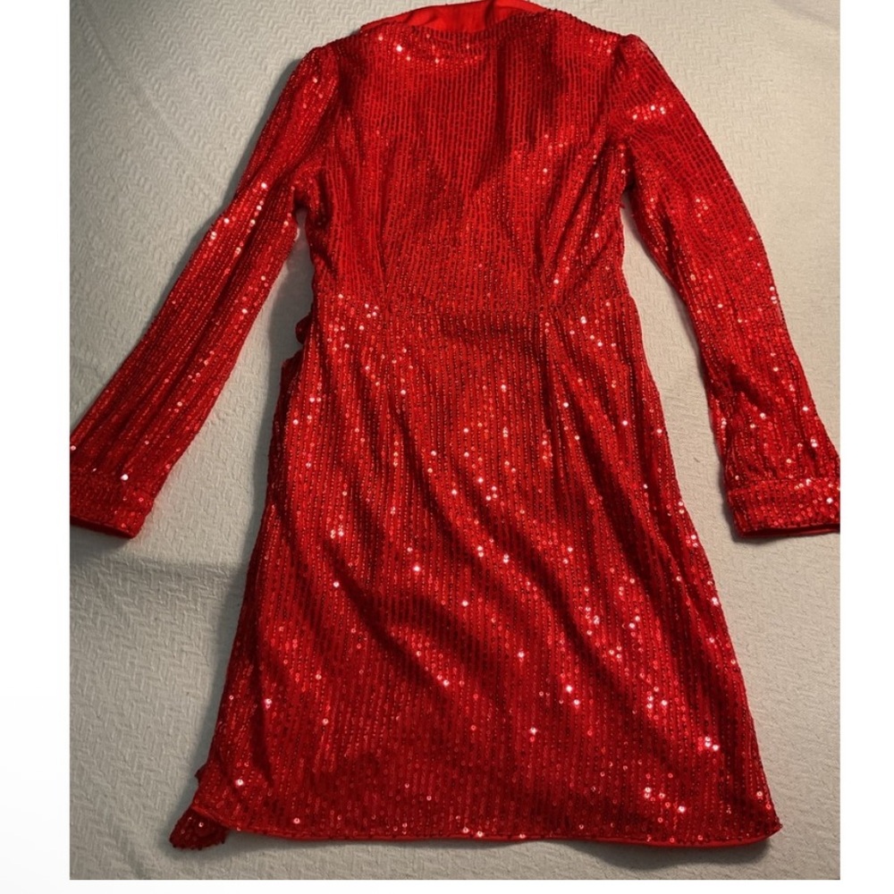 Red Sequin Wrap Dress Long Sleeve V Neck Double Crazy Size S Party Club Mini - Picture 10 of 11